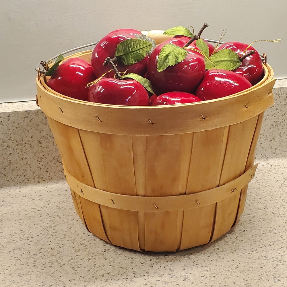 2 1/4" Red Apple Ornaments 24 Peck Bushel Basket w/Bail Farmhouse Cottagecore